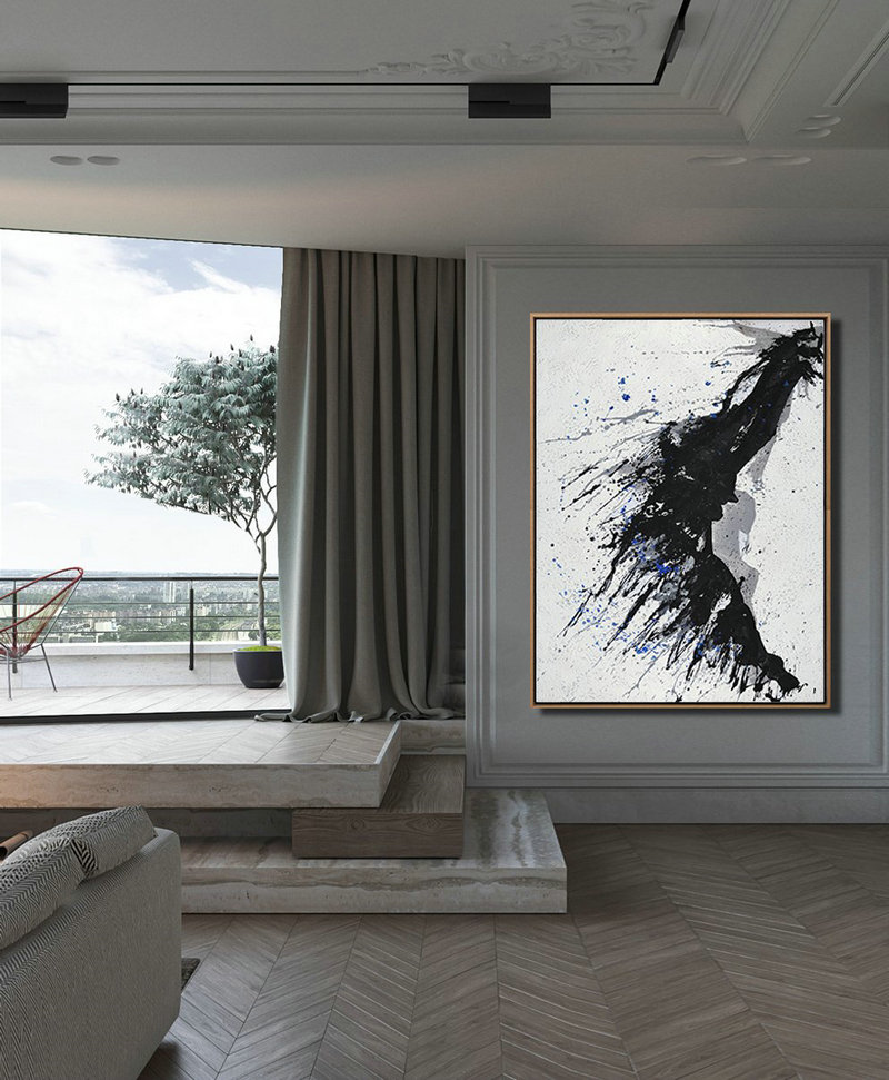 Large Abstract Painting,Hand-Painted Black And White Minimal Painting On Canvas,Big Art Canvas